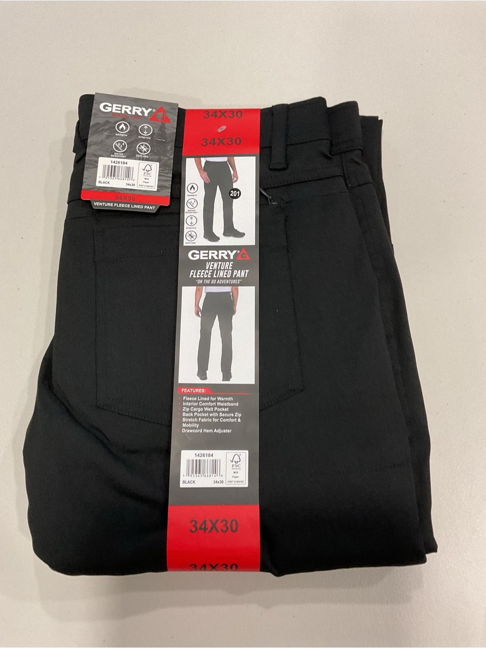 Gerry Mens Venture Fleece Lined Pants Black Water Resistant Stretch 34x30
